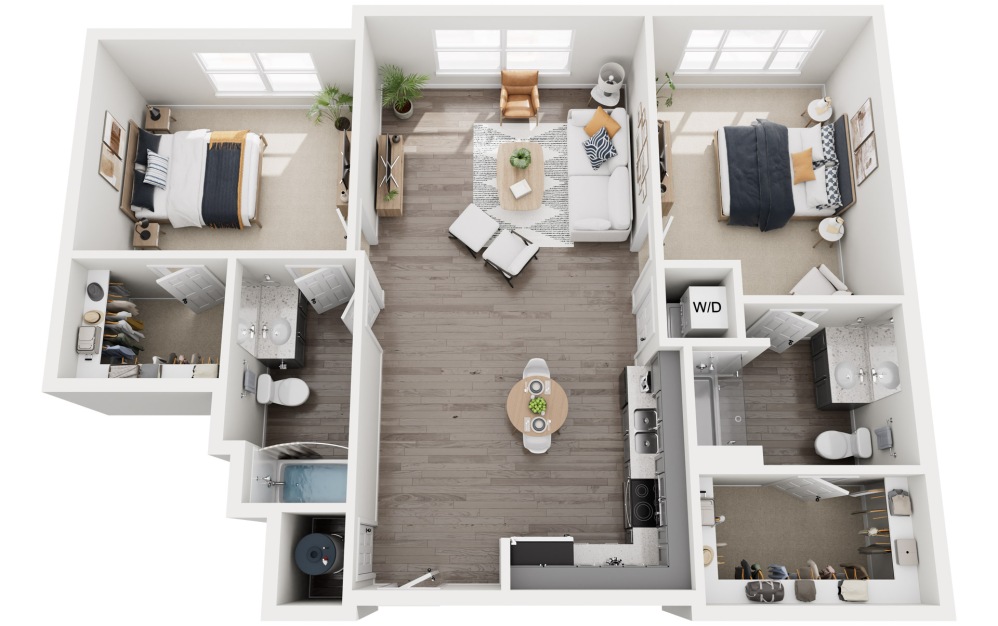 2D - 2 bedroom floorplan layout with 2 bathrooms and 1231 square feet 2D - 2 bedroom floorplan layout with 2 bathrooms and 1231 square feet